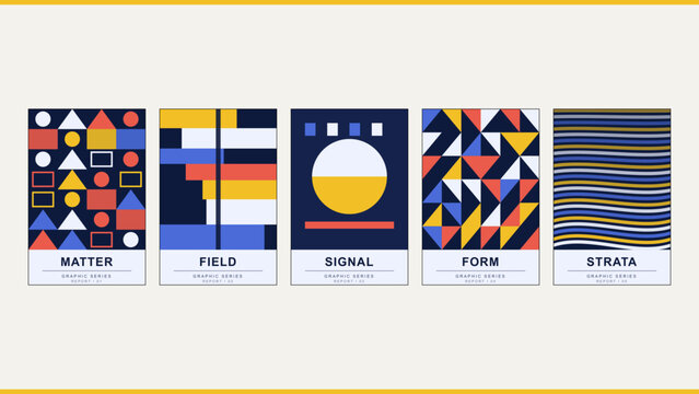 Matter, field, signal, form, strata series report featuring geometric shapes, triangles, circles, and wavy lines in primary colors
