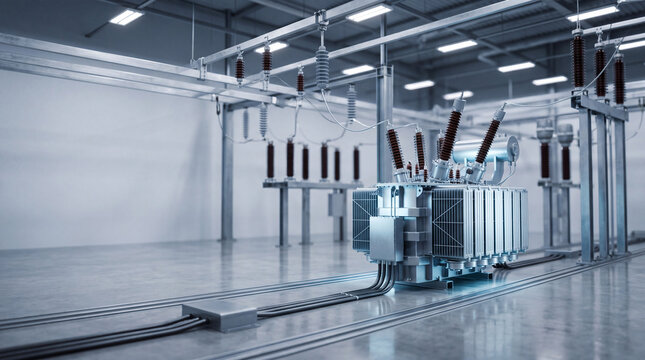 Modern electrical transformer in clean indoor substation with high voltage insulators, busbars and cable conduits for industrial power distribution