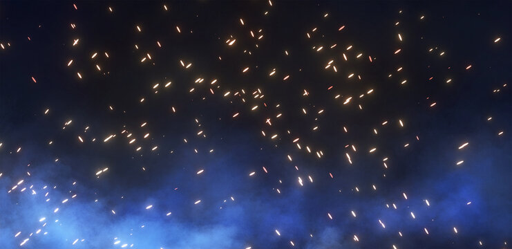 Abstract dark background with glowing fire sparks and blue smoke banner 3d render