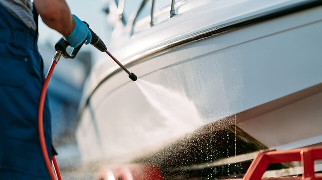 An aged man uses a high pressure spray to clean the side of a white motorboat hull while it sits on a metal trailer outdoors under clear daylight for maintenance during the season