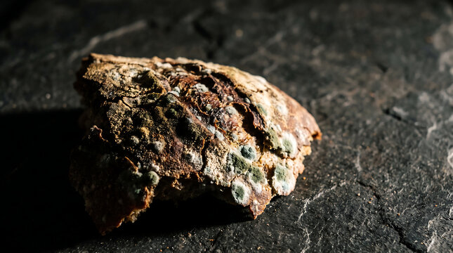 Moldy sourdough bread crust with green and white fuzzy mold on a dark stone surface.