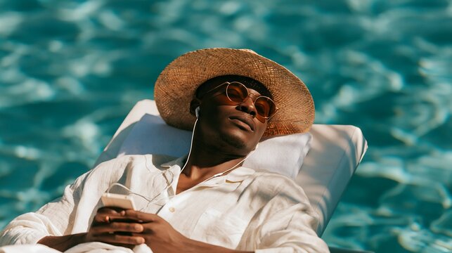 Person wearing a sun hat and glasses rests on a lounge chair beside a blue pool during the day while listening to audio on a phone, creating a calm and peaceful experience.