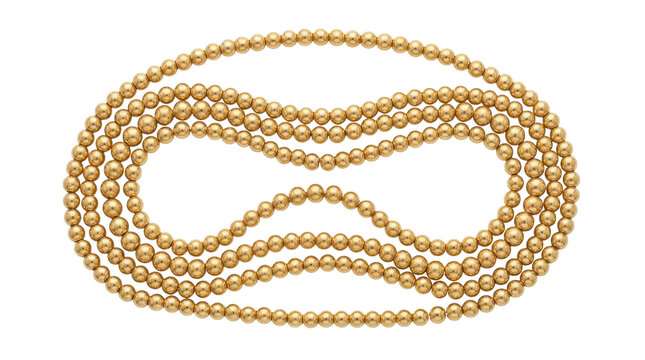 Elegant gold bead necklace arranged in a continuous infinity loop on a clean white background