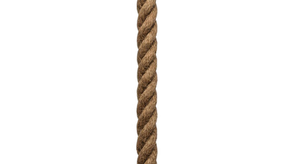 A thick brown twisted fiber rope hanging vertically against a clean isolated white background © Varvara