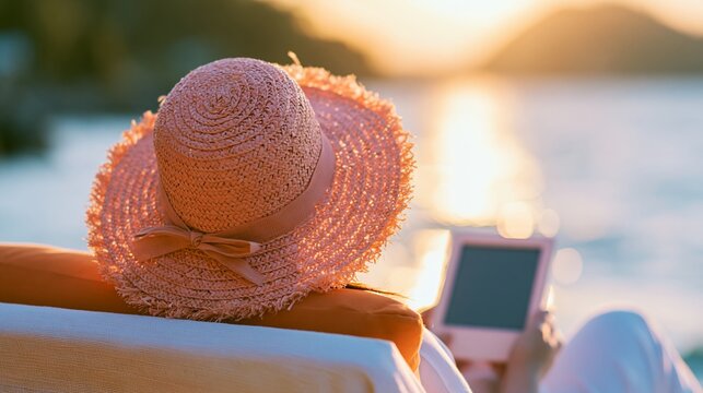 Person sits on a beach sunbed while reading an e-reader during a bright golden sunset by the calm ocean waters, wearing a straw hat and enjoying peaceful leisure time outdoors.