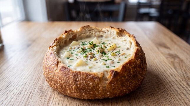 Clam chowder soup served inside sourdough bread bowl on wooden table
