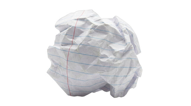 A single crumpled ball of white lined notebook paper isolated against a clean white background