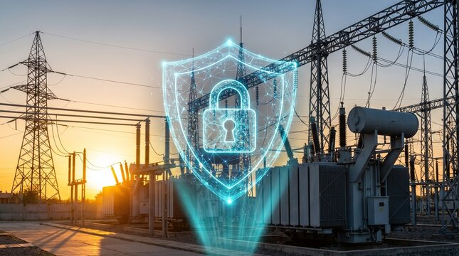 Digital security shield protecting a large electrical substation against cyber threats during sunset.