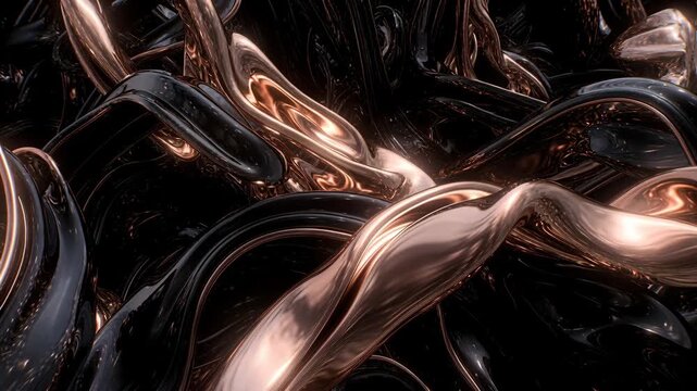 Abstract glossy copper and black metallic waves with a fluid graphic style on a dark background, conveying luxury, motion, and elegance