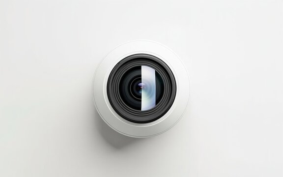 Top-down view of a white camera lens on a plain white background