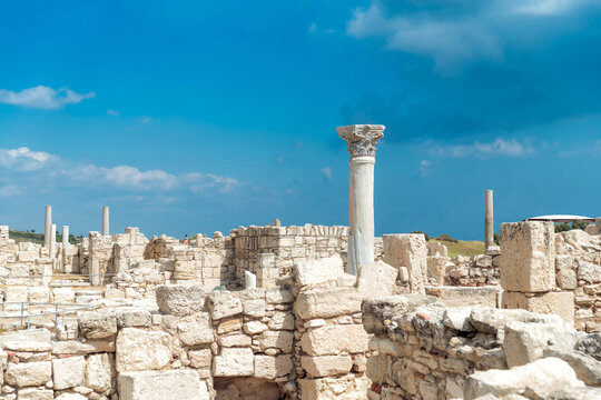 Column standing among ancient ruins of ancient Kourion city. Episkopi, Limassol District, Cyprus