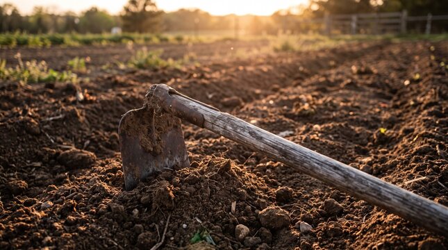 A vintage garden hoe rests in fresh soil during a beautiful golden sunset.