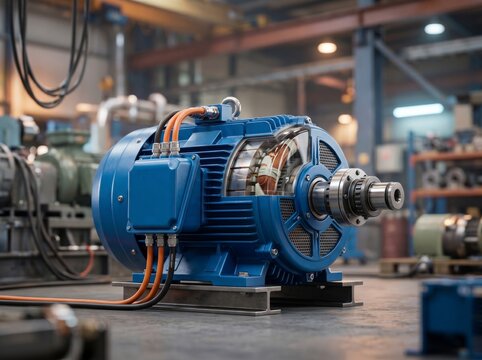 Clean blue industrial electric motor with a cutaway view showing internal stator copper windings in a modern factory setting