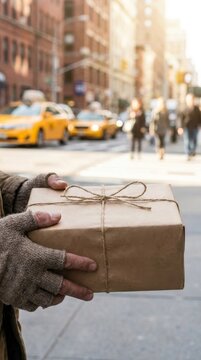 Hands in knitted fingerless gloves holding a brown paper package on a city street