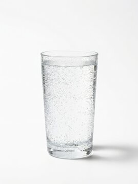 Glass tumbler filled with clear sparkling water with tiny bubbles on a plain white background