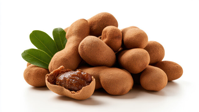 Sweet tamarind photo featuring peeled pods, pulp, and fresh green leaves on white background