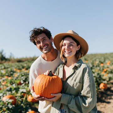 Smiling couple holding a large pumpkin in a pumpkin patch for autumn harvest background and fall banner design
