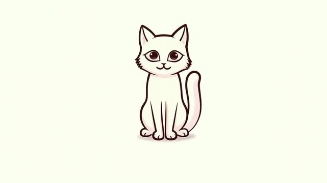 Static shot of cartoon cat sitting with subtle tail twitching on plain white background in studio