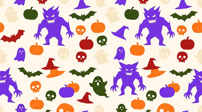 Colorful Spooky Halloween Seamless Pattern Background Featuring Creepy Purple Monsters Skulls and Pumpkins Graphic UI Design Assets