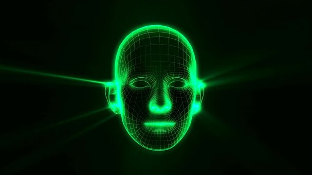 Neon green wireframe human head rotates from three-quarter view toward frontal position on black background, revealing glowing facial contours, fine grid lines, and radiating light beams