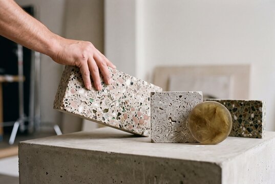 Male hand placing a decorative terrazzo stone block on a concrete pedestal in an interior design studio