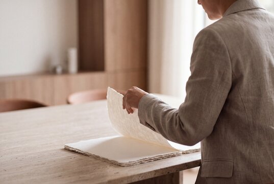 Side view of a professional woman turning pages of a luxury handmade deckle edge paper sketchbook on a stone table