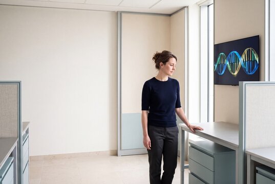 Female scientist or researcher standing in a modern biotechnology laboratory office next to a screen displaying a DNA helix model