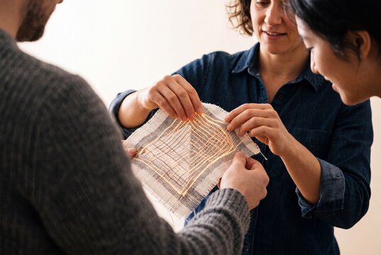 Engineers and textile designers examining innovative smart fabric sample embedded with glowing luminous fibers in research laboratory