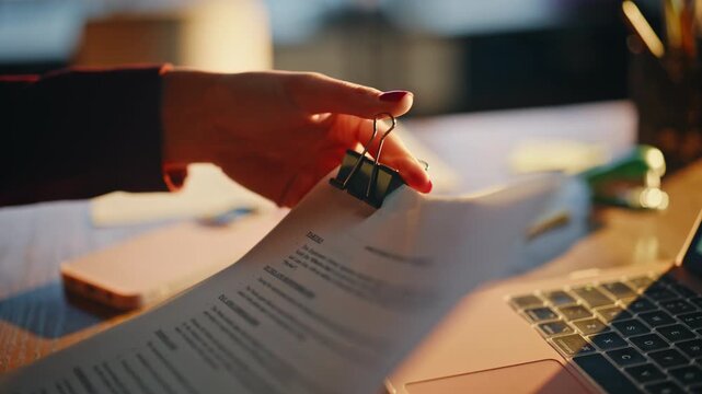 Employment contract paperwork close up. Female hand clipping documents desk.