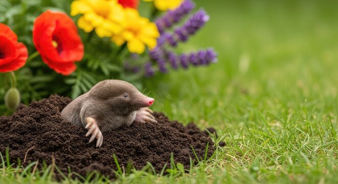 A small, adorable mole with soft fur emerges from a fresh mound of soil in a vibrant garden, surrounded by green grass and colorful flora, outdoor, earth, hole