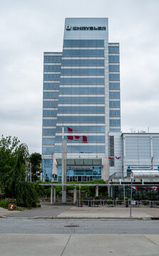 The Chrysler Canada building on Riverside Drive in Windsor, illustrating automotive manufacturing operations and international trade relations., July 2026.