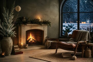 Obraz premium Cozy winter living room with fireplace, candles, and snowfall