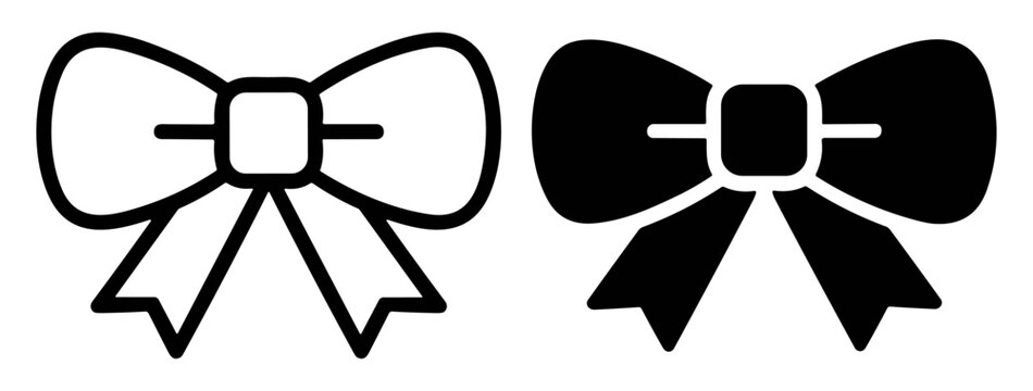 bow ribbon icon set in outline and solid style on transparent background
