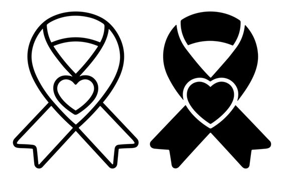 heart awareness ribbon symbol icon set in black outline and solid style on transparent background