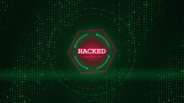 Digital cyber attack concept with a hacking target icon displaying the word HACKED and binary code flowing in the background signifying a security breach threat