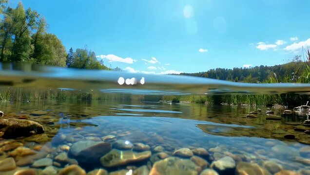 Artistic 4K Ultra HD slow-motion video captured with an over-and-under river surface split view showing dramatic water reflections and a low-angle underwater perspective with visible waves on a