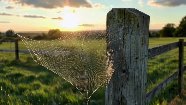 Peaceful 4K video capturing a delicate spider web swaying gently in the afternoon breeze visibly glistening at sunset while anchored to a wooden fence post with a lush green pasture visible in