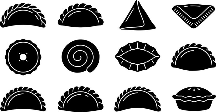 Empanada & Hand Pie Silhouette Icon Set. Collection of food & culinary silhouettes, including empanada & hand pie, detailed global street food shapes, and more.