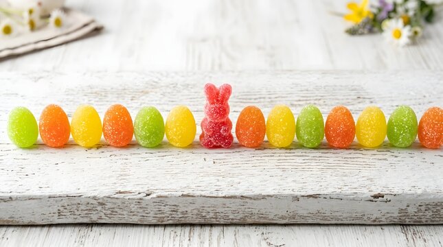 Easter candies including jelly beans and bunny arranged in a line on wood.