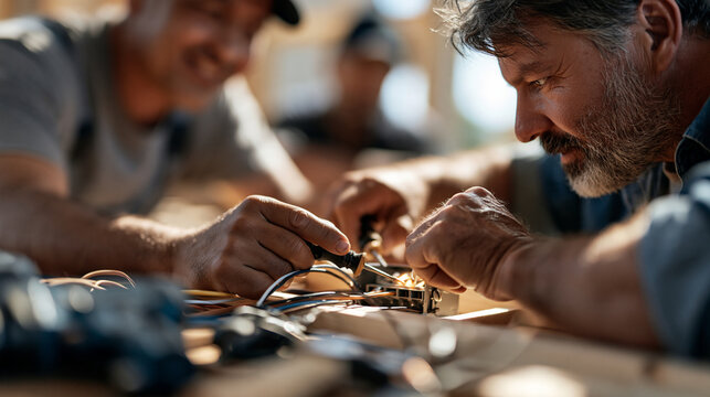 Electrician mentoring an apprentice on an electrical box installation at a residential construction site, close up of hands working on the panel with faces out of frame, bright