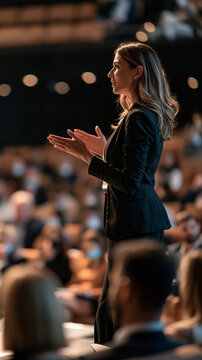 Woman speaker presenting to an audience in a conference hall, rear view standing on a bright stage facing blurred attendees, soft even lighting, bright public speaking,