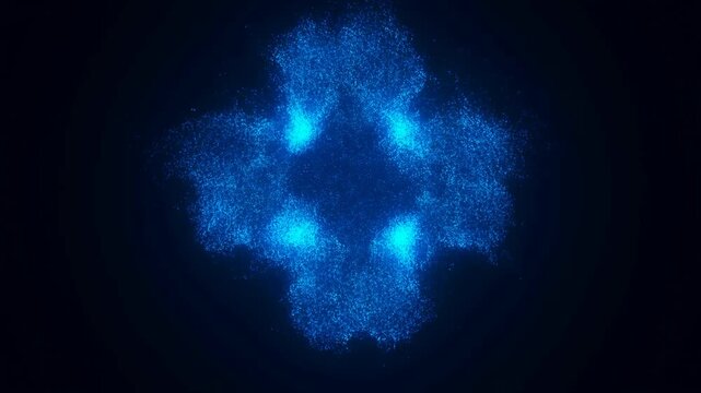 Slow motion static shot of glowing blue particles forming and dissolving cross symbol on dark void background