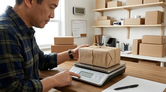 Man weighing parcel on digital scale at wooden table in home office
