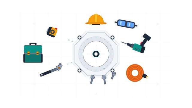 Animated Workshop Tools Rotating Around a Central Octagon