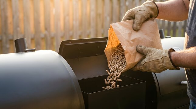 Person pouring wood pellets from paper bag into smoker grill hopper outdoors   