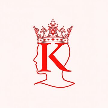 Artistic representation of the letter K merged with a regal crown and a minimalist head outline rendered in a bold red color scheme, queen, shape, emblem