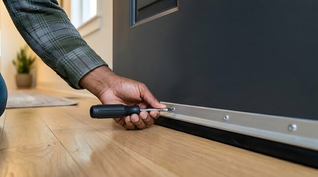 Person installing door sweep strip with screwdriver onto entrance frame bottom   