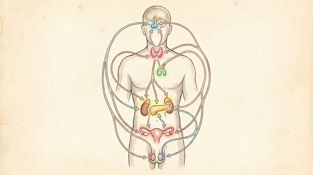 Human Endocrine System Anatomy Showing Hormonal Glands and Regulation