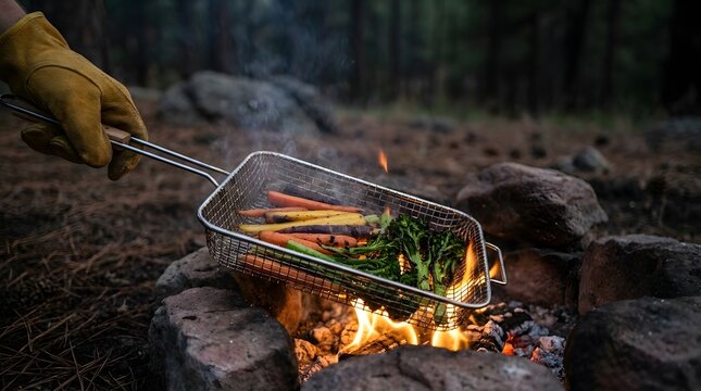Hand holding metal grill basket with fresh vegetables over outdoor campfire flames