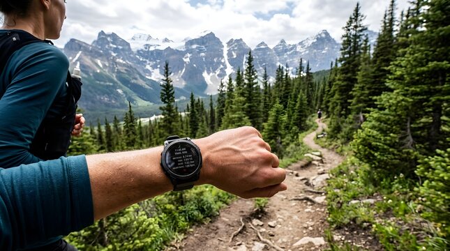Trail runner checking digital watch with mountain scenery background